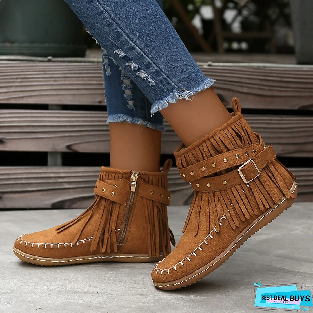 Brown Winter Flat Heel Tassel Boots