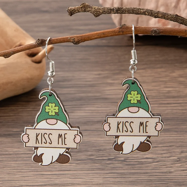 St. Patrick's Day "Kiss Me" Gnome with Four-Leaf Clover Earrings