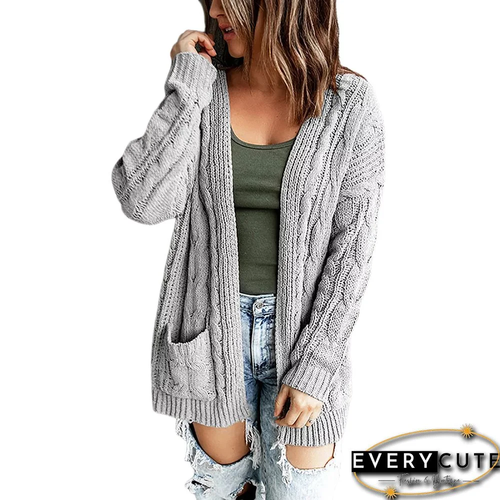 Gray Open Front Cable Knit Cardigan with Pockets