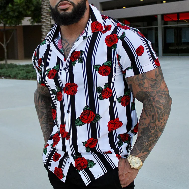 BrosWear Men'S Striped Rose Print Short Sleeves Shirt