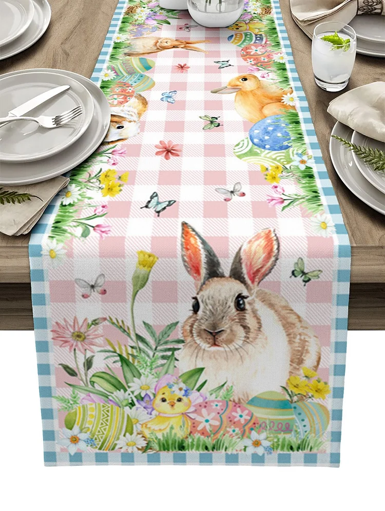 Easter Decorations 2023 Easter Bunny Eggs Flowers Linen Table Runner Wedding Decoration Dining Table Runner for Holiday Decor