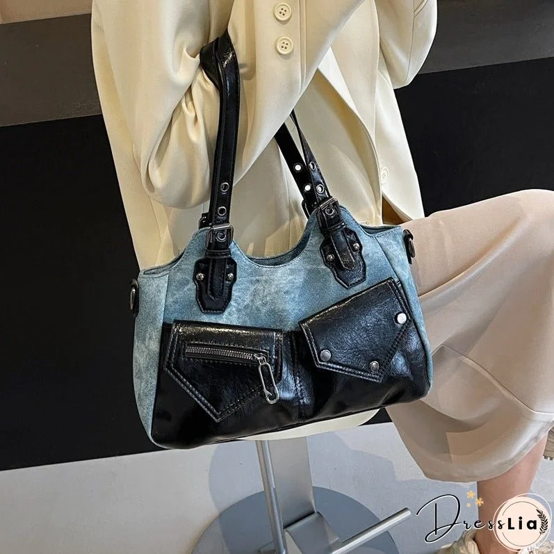 Cross-Border Retro HOT and NEW Large Capacity Shoulder Bag New Crossbody Bag Stitching Women's Bag Simple Soft Leather Tote