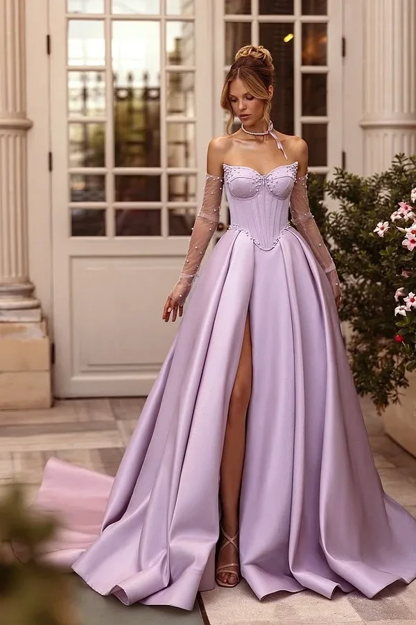 Daisda Purple Sleeveless Strapless Sweetheart A-Line Beadeds Prom Dress 