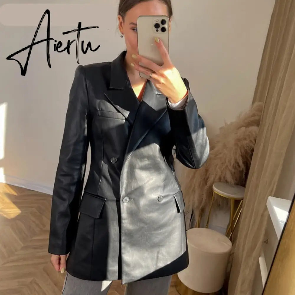 Aiertu  Autumn New Leather Blazer Jacket Women Spring PU Single Button Coat Fit Waist Motorcycle Fashion Jackets Street Outwear Aiertu