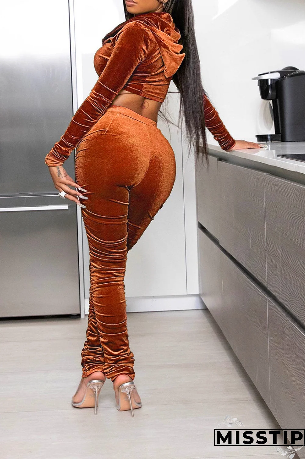 Black Street Solid Fold Hooded Collar Long Sleeve Two Pieces