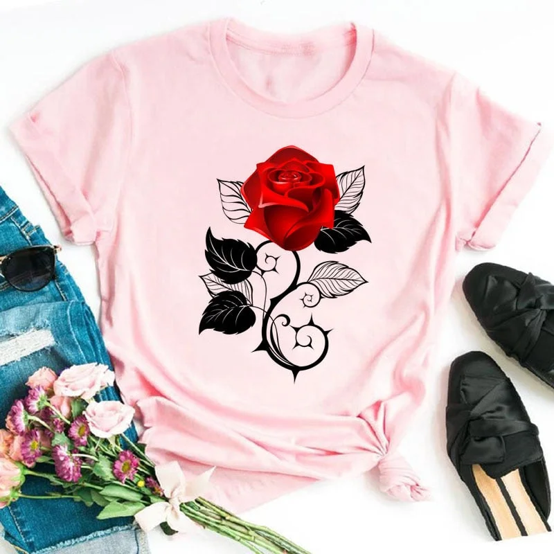 New Fashion Women Black T Shirt Red Rose Musical Note Printed T Shirt Harajuku Cute Graphic Tee Shirt Female Ladies Casual Tops