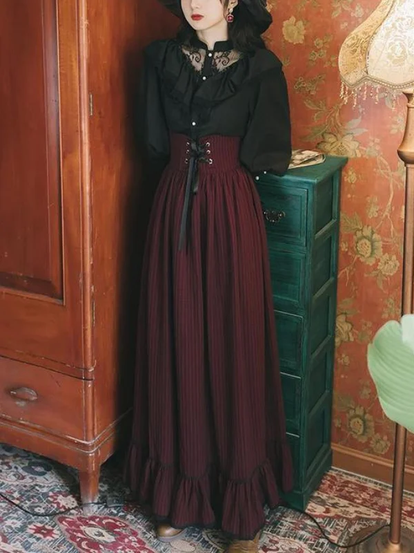 Vintage Lace-up Bubble Sleeve Ruffled Mock Neck Paneled Maxi Dress