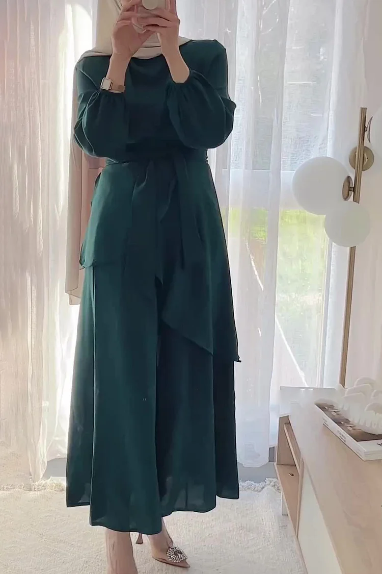 Casual Irregular Lace-up Blouse & Wide Leg Pants 2Pcs Set