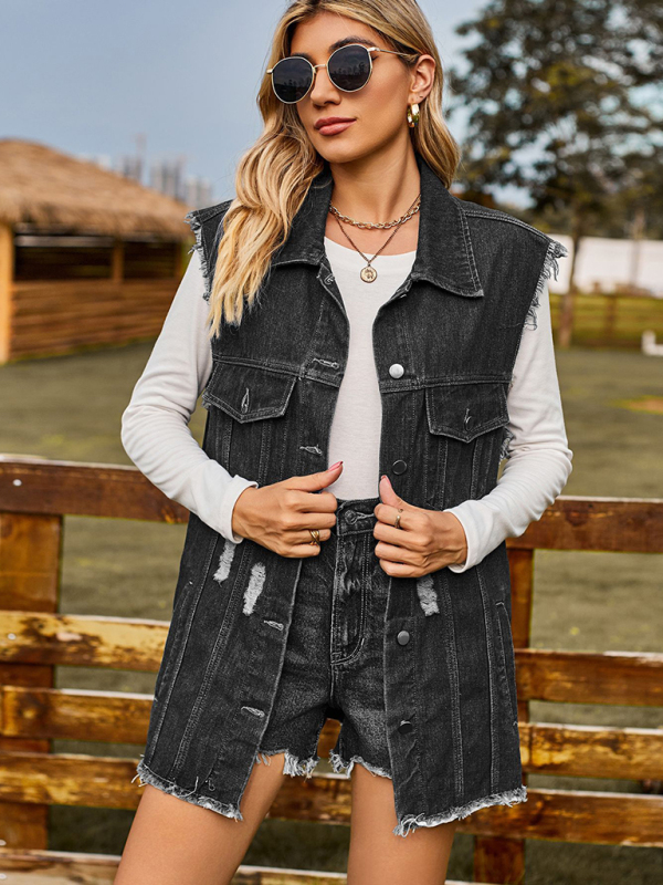 Mature Women Fashion Distressed Denim Sleeveless Jacket