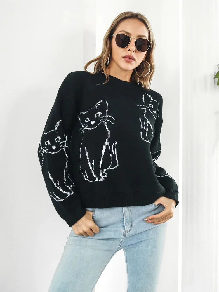 Huiketi Autumn Fashion Women Knitted Sweater Y2k Retro Cat Jacquard Pullover Female Long Sleeve Cartoon Anime Loose Jumpers Knitwear