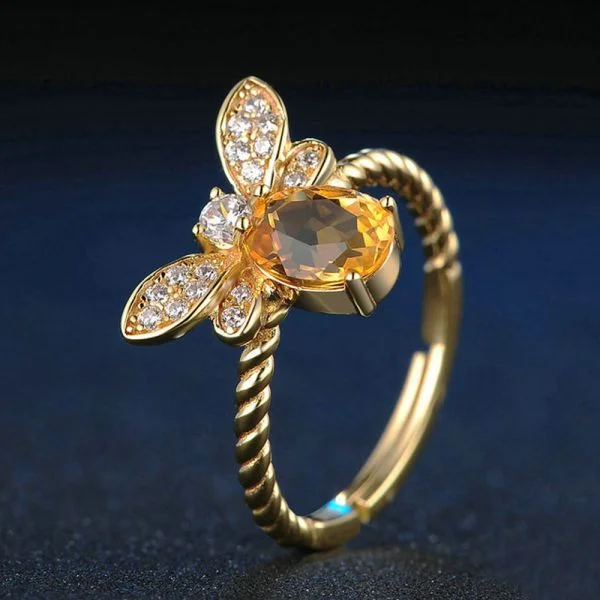 Natural Citrine Gemstone Bee 14k Yellow Gold Plated 925 Sterling Silver Ring For Women