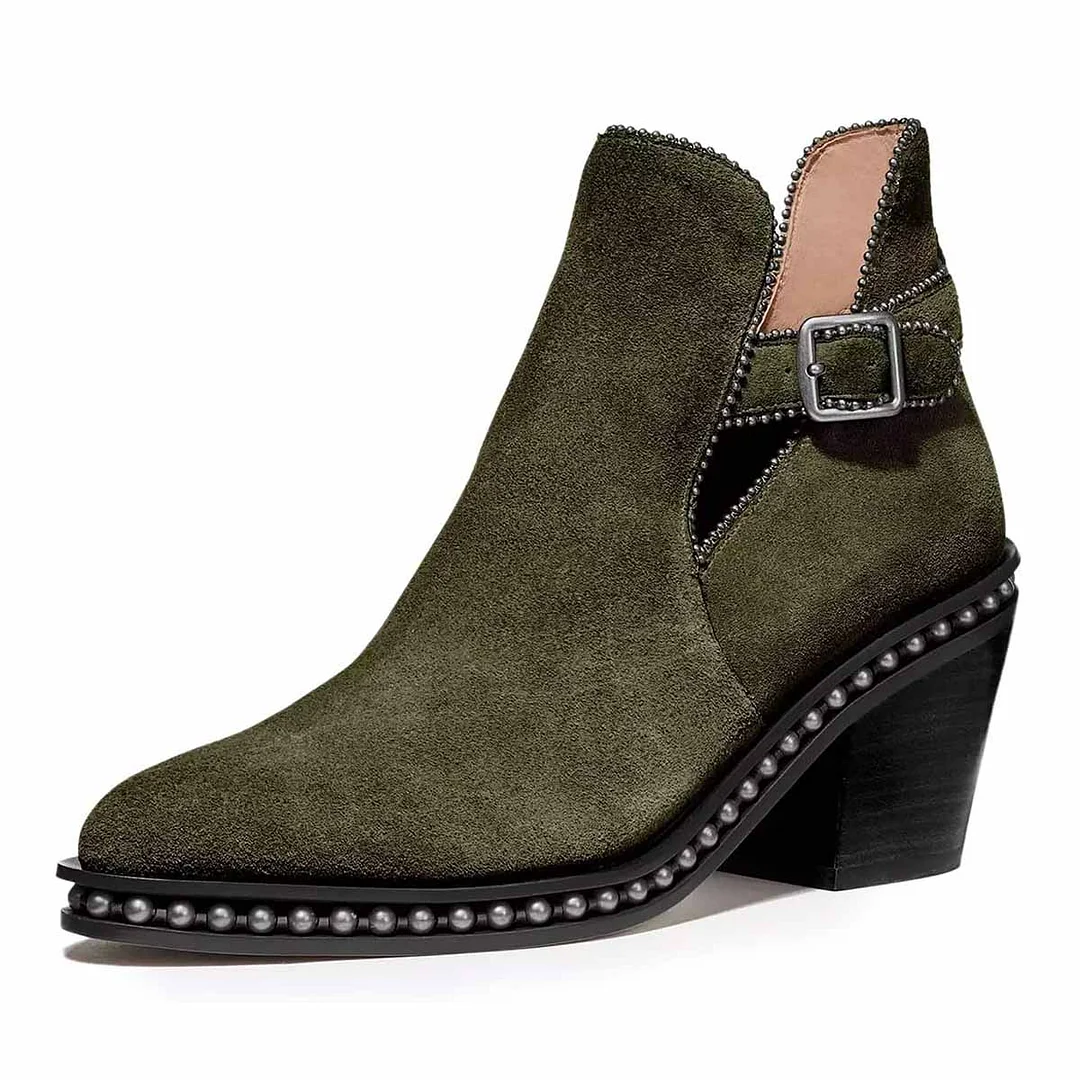 Faux Suede Ankle Strap Studded Olive Chunky Heel Short Boots for Women