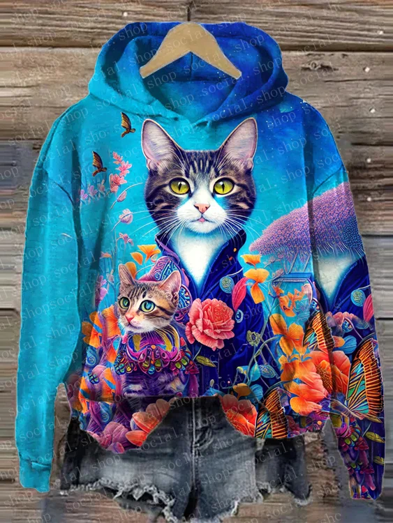 Women's Cat Butterfly Print Loose Hooded Sweatshirt socialshop