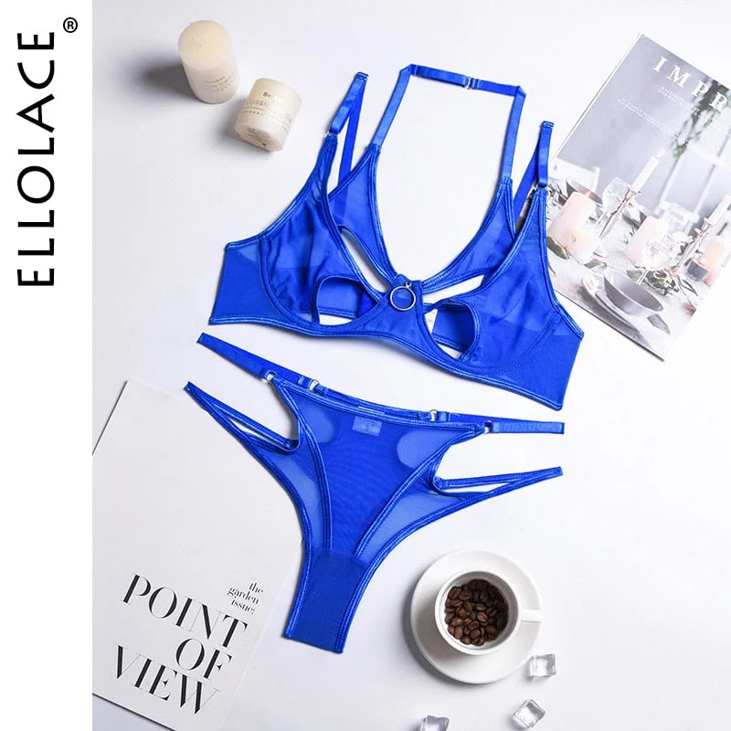 Ellolace Hollow Out Women's Underwear Transparent Exotic Costumes Sexy Push Up Bra Lace Porn Intimate Sissy Mesh Breves Sets