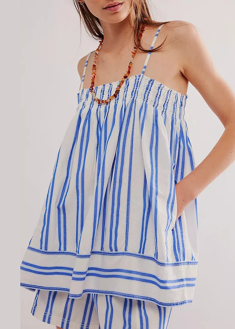 Modern Blue Striped Spaghetti Strap And Shorts Cotton Two Pieces Set Summer