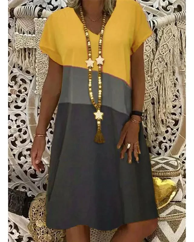 Women's Shift Dress Knee Length Dress - Short Sleeve Color Block Summer V Neck Hot Casual Vacation Dresses Yellow Orange Khaki