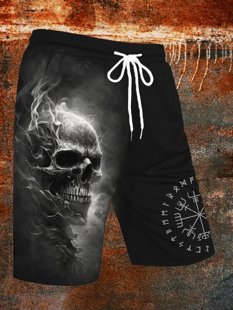 Men's Viking Vegvisir & Skull Drawstring Casual Shorts