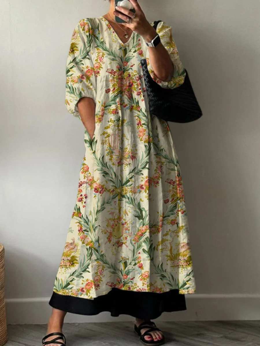 Women's Vintage Lovely Floral Art Print Pocket V-neck Cotton Dress