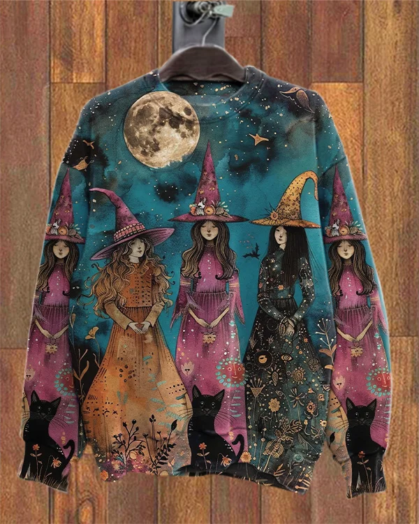 Witch And Cat Halloween Print Loose Sweatshirt