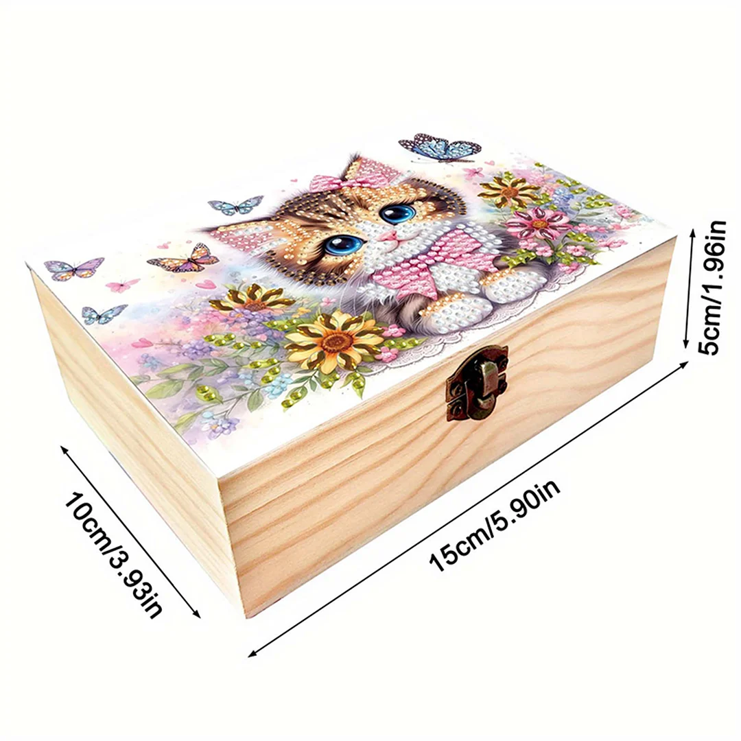 5D DIY Diamond Painting Handmade Wood Storage Box for Home Decor Craft (Cat)