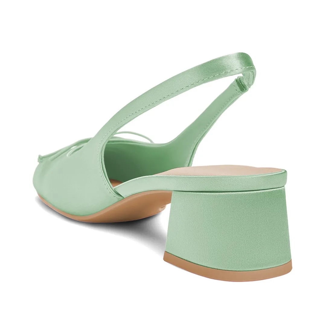 Green Casual Slip On Slingback Square Toe Block Heel Pumps with Bow
