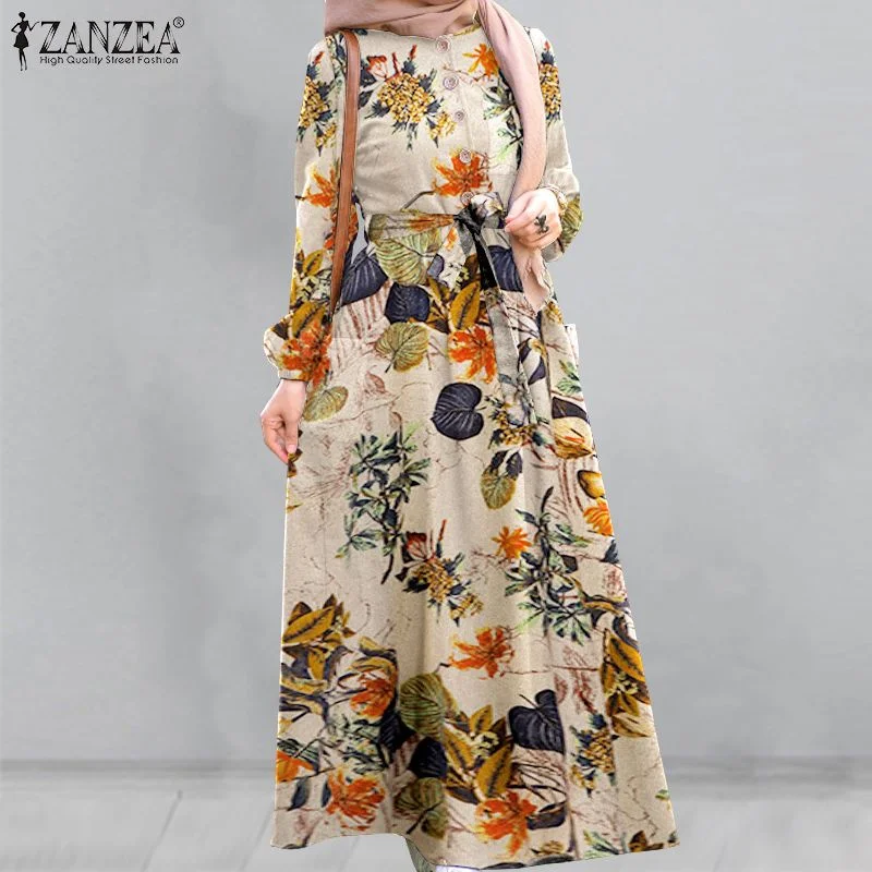 Retro Floral Printed Maxi Dress Women's Autumn Sundress 2022 ZANZEA Muslim Dresses Female Belted Oversized Long Vestido Robe