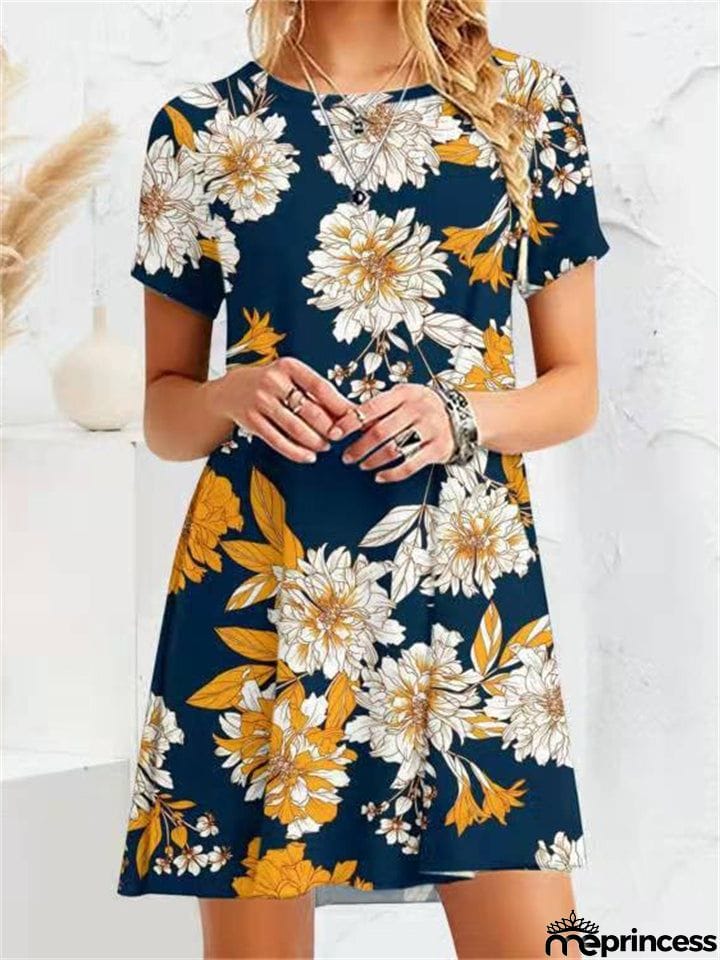 Gentle Female Flower Print Crew Neck Short Sleeve Trendy Dress