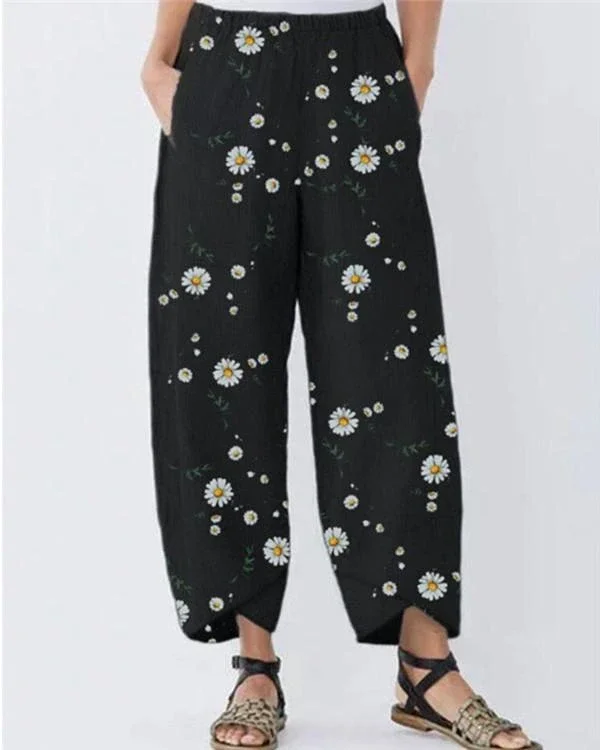 floral printed loose cotton and linen casual pants p258770