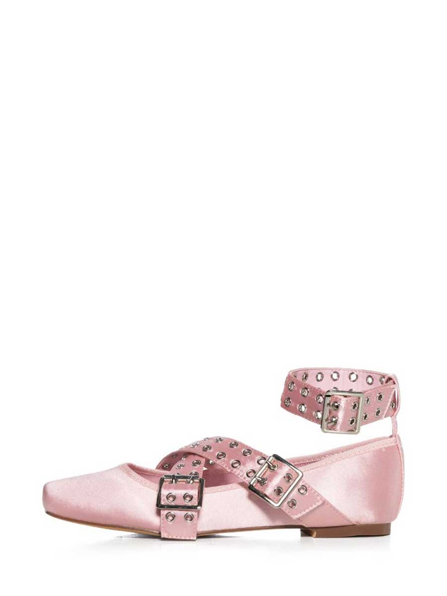 Elegant Pink Satin Square-Toe Grommet Strappy Ballet Flats