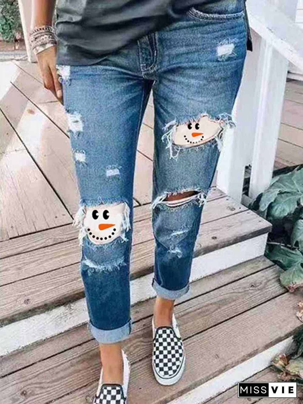 Women'S Snowman Face Printed Christmas Jeans