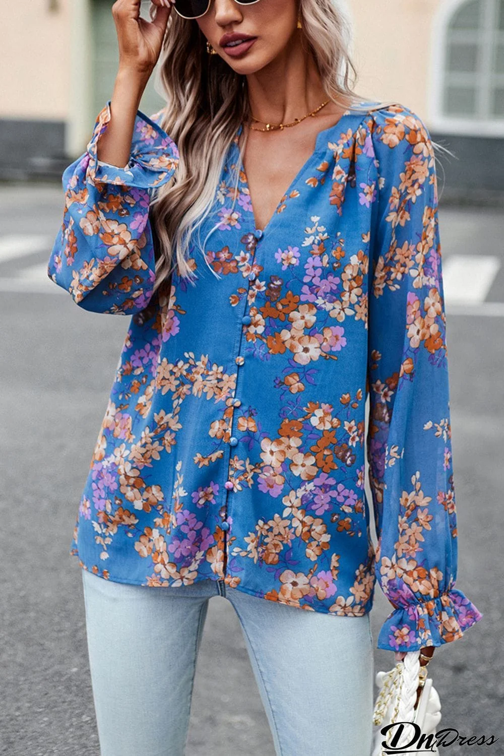 Floral Print Flounce Sleeve Blouse