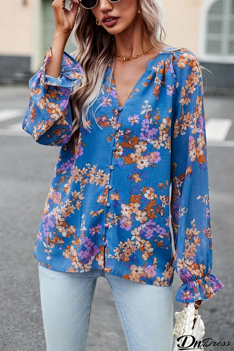 Floral Print Flounce Sleeve Blouse