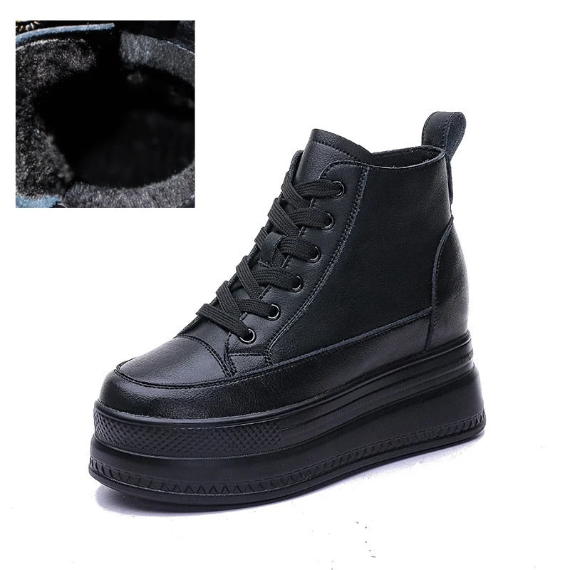 Fujin 9cm Genuine Leather Women Casual Shoes Chunky Sneakers Za Platform Wedge Hidden Heel Height High Top Women Vulcanized Shoe