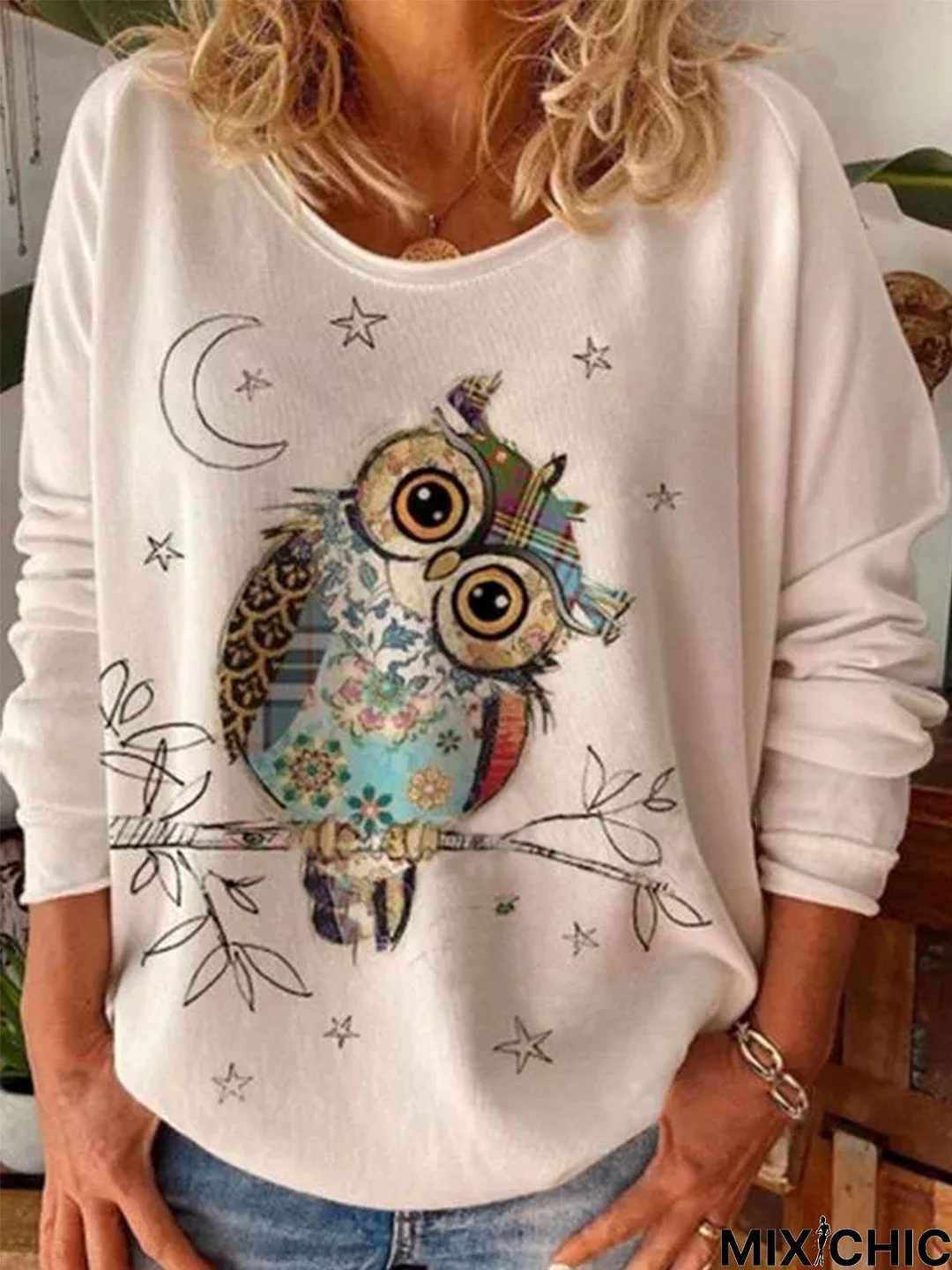 Long Sleeve Casual Round Neck Printed Tunic Top