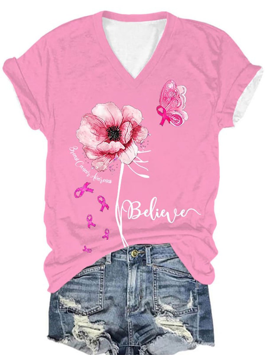 Women's Breast Cancer Awareness V-neck Casual T-Shirt