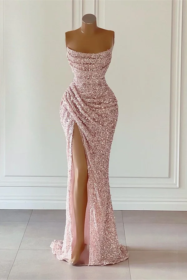 Miabel Dusty Pink Square Neck Sleeveless Mermaid Prom Dress Long Slit with Sequins