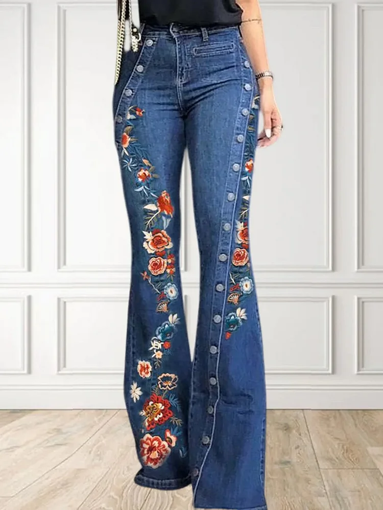 UR Fashion Denim Floral Embroidery Button Flare Leg Jeans