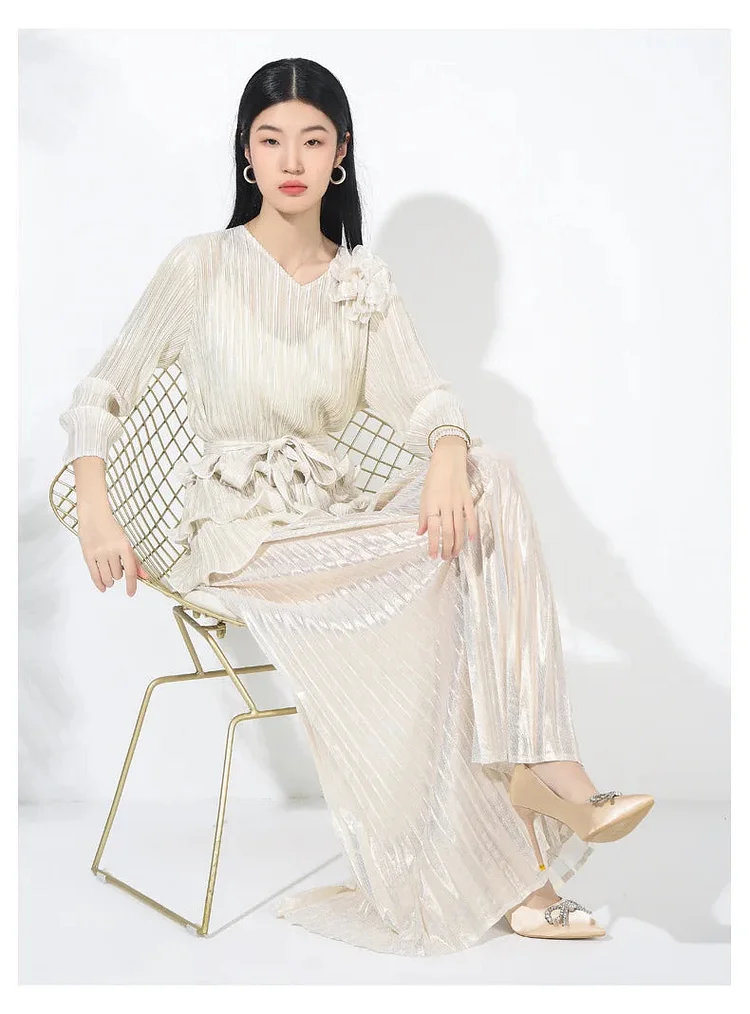Party Beige V-neck Lace-up Ruffled Hem Long Sleeve Top And Pleated Wide Leg Pants Set