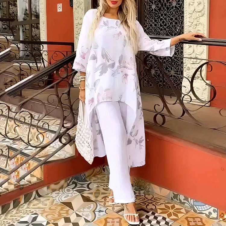 Floral Print Asymmetric Hem Two Piece Set