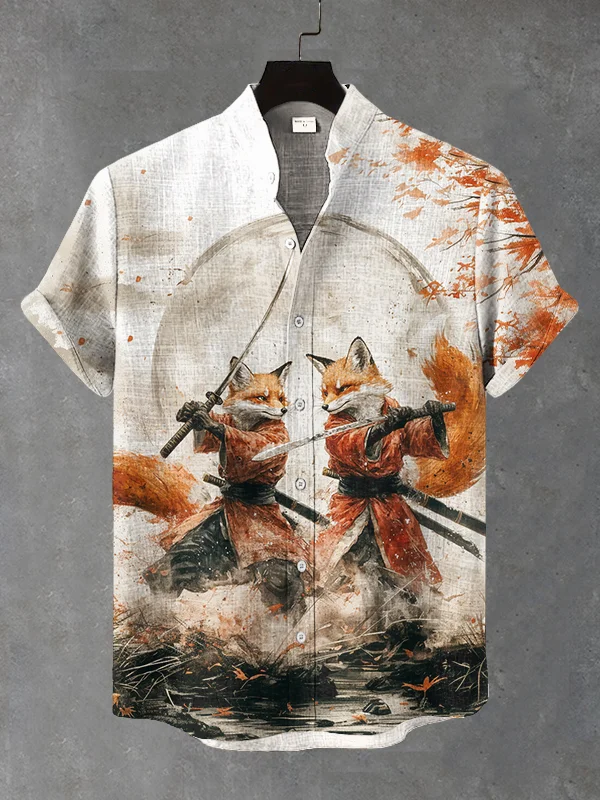 Men's Japanese Art Two Fox Warriors Fighting With Swords Print Short Sleeve Shirt