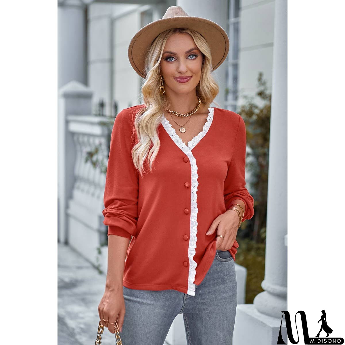 MidiSono - Front Open Button Lace Trim Fit V Neck Top