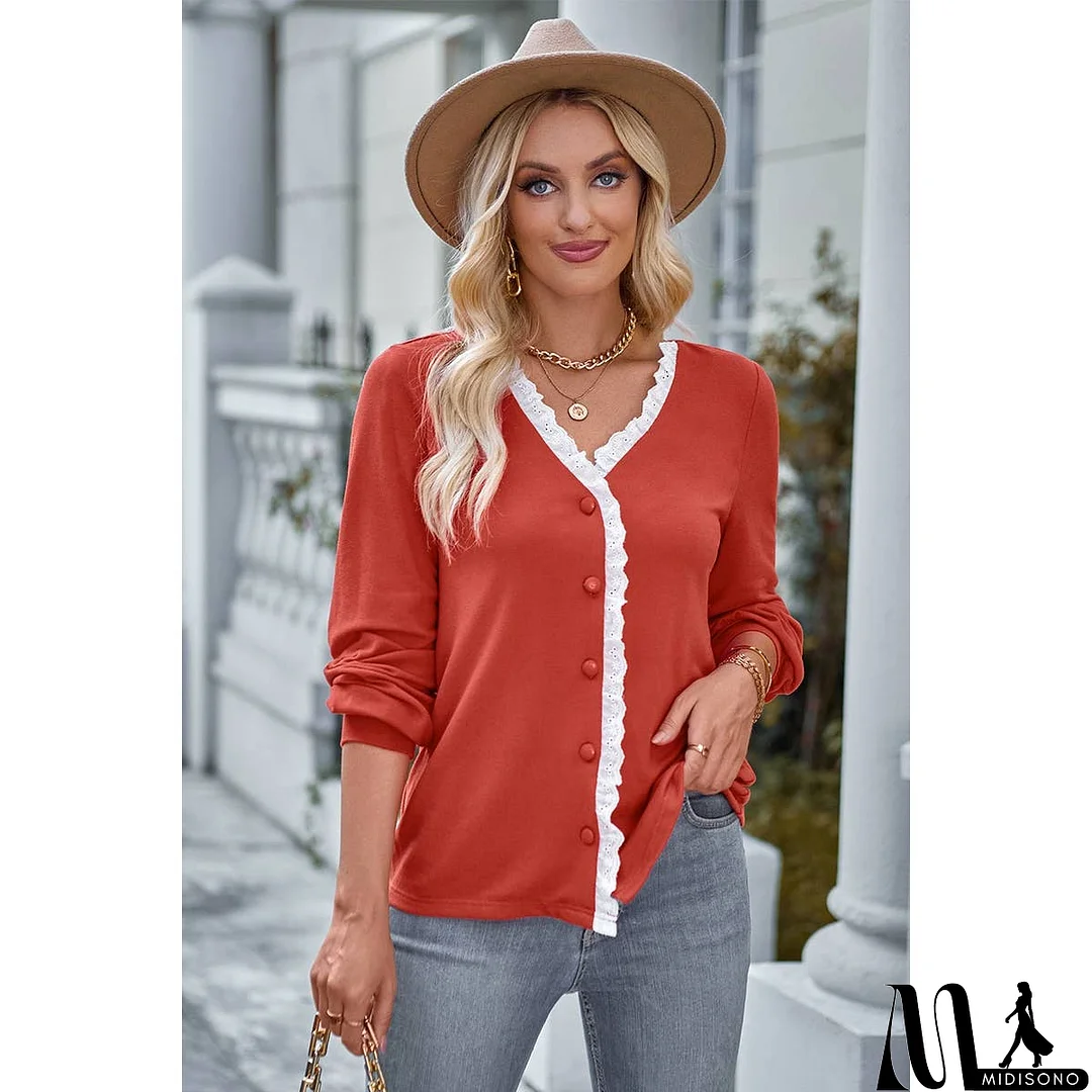 MidiSono - Front Open Button Lace Trim Fit V Neck Top