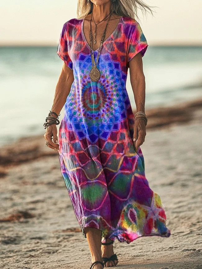 Women's Trippy Tie Dye Print Pocket Cotton Dress