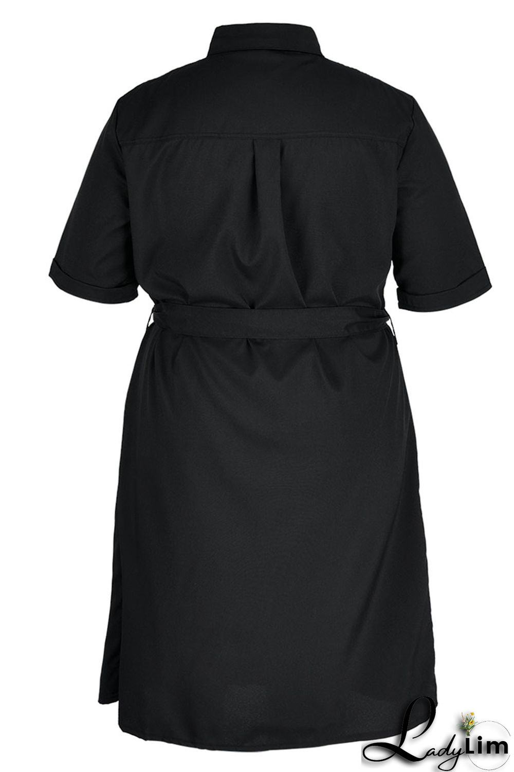 Black Casual Solid Patchwork Buckle Turndown Collar Straight Plus Size Dresses