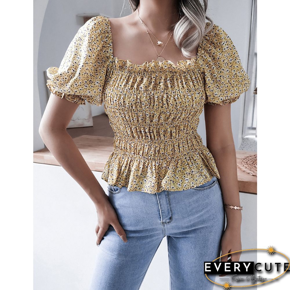 Yellow Square Neck Floral Print Chiffon Blouse