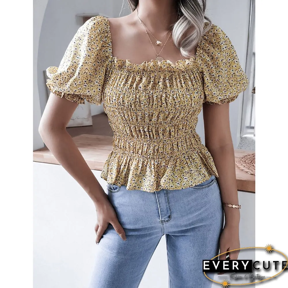 Yellow Square Neck Floral Print Chiffon Blouse
