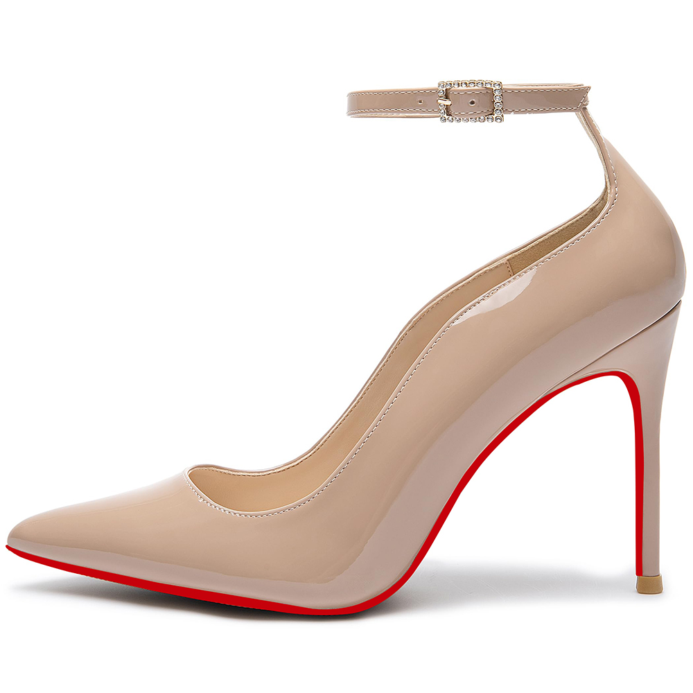 100mm Women's Wedding Party Heels Classic Color Red Bottom Patent Ankle Strap Pumps -vocosishoes