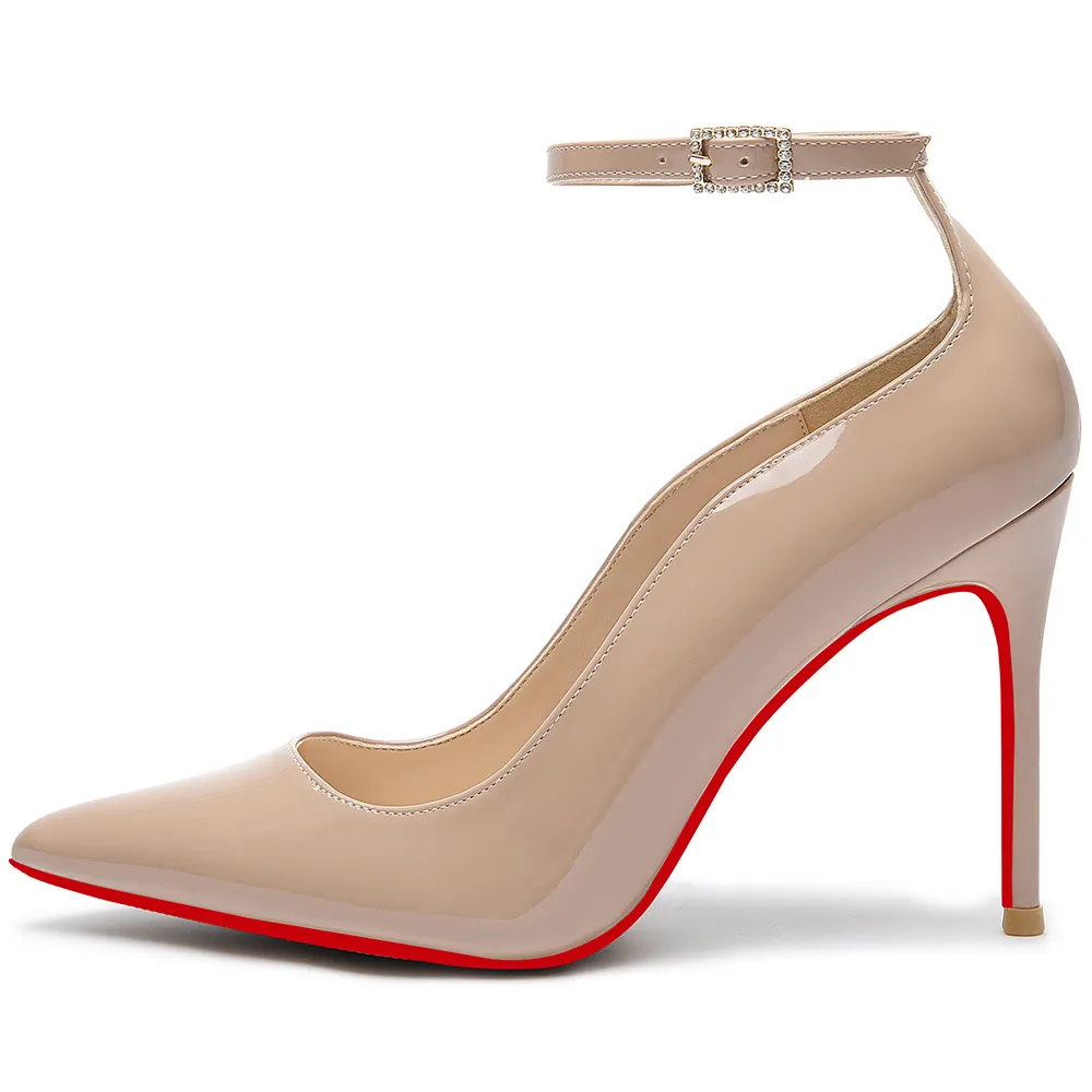 100mm Women's Wedding Party Heels Classic Color Red Bottom Patent Ankle Strap Pumps -vocosishoes