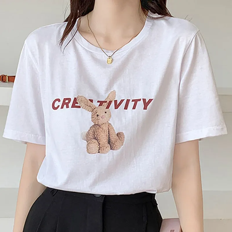 Cartoon Letter Print Round Collar Loose T-Shirt