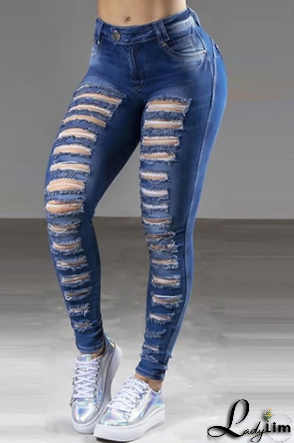 Dark Blue Fashion Casual Solid Ripped High Waist Skinny Denim Jeans